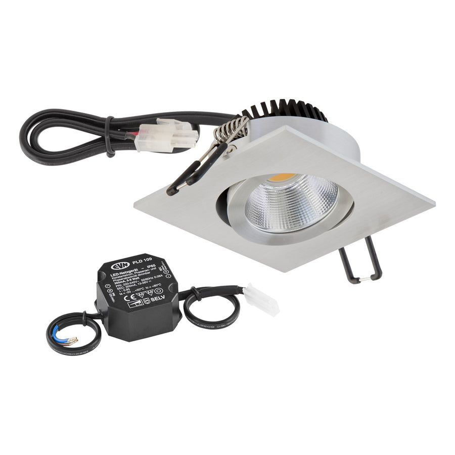 EVN Power-LED Leuchte Aluminium poliert schwenkbar viereckig 83x83x32mm 6W 4000K 683lm 21-40° 220-240V IP20