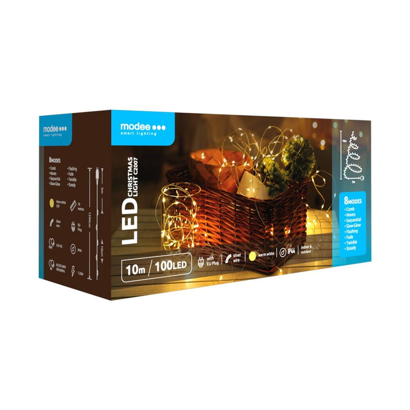 Modee Lichterkette 10m 100 LED flexiblen Draht silber 1,35W 2700K 360° IP44 220-240V Netzstecker 8 Funktionen