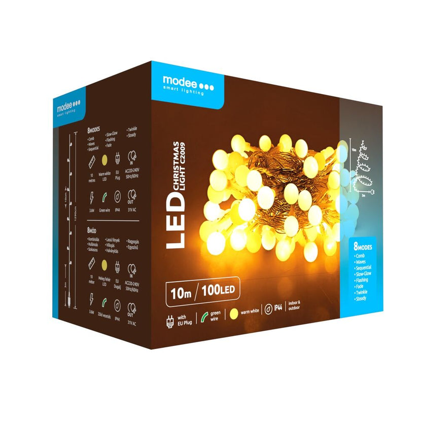 Modee Lichterkette 10m 100 LED kleine Kugeln Kunststoff grün 3,6W 2700K 360° IP44 220-240V Netzstecker 8 Funktionen