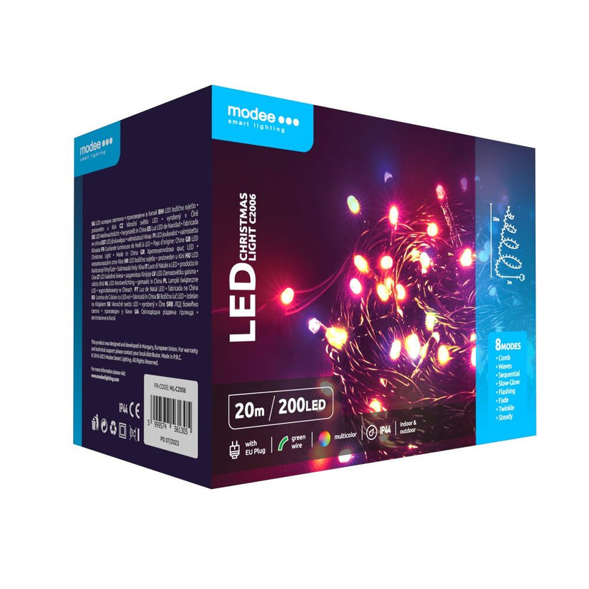 Modee Lichterkette 20m 200 LED Multicolor Kunststoff grün 3,6W 360° IP44 220-240V Netzstecker 8 Funktionen