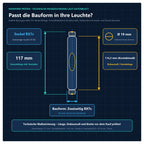 Technische Maßzeichnung für Osram Powerstar HQI-TS 70W/D Excellence RX7S (tageslicht / daylight): 117 mm Gesamtlänge, 114,2 mm (Kontaktmaß) Einbaumaß, Ø 19 mm · RX7s, Ø 19 mm, Sockel RX7s