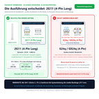Sockel-Seitenansicht, Ansicht von unten und Ausführungsvergleiche für Sylvania Lynx-L 24W/830 2G11 Warmweiß Deluxe: 2G11 (4-Pin Lang) passend, nicht verwechseln mit: G24q / GX24q (4-Pin)