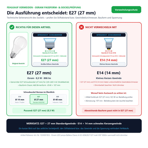 Osram LED Lampe Bellalux Classic A 8,5-60W/827 E27 matt 200° 806lm warmweiß nicht dimmbar – Sockel-Vergleich & mechanische Codierung