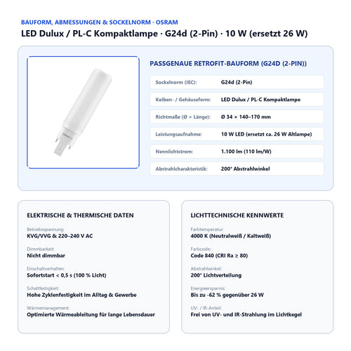 Osram LED Dulux D 10-26W/840 G24d-3 1100lm EM & AC Mains matt kaltweiß nicht dimmbar – Bild 2