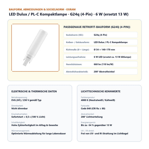 Osram LED Dulux D/E 6-13W/840 G24q-1 660lm HF & AC Mains matt kaltweiß nicht dimmbar – Bild 2