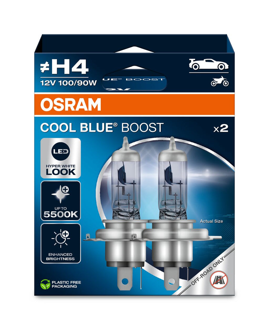 Osram HAL Cool Blue Boost H4 100/90W 1600/760lm bis 5500k P43t 12V 2er Pack – Produktansicht