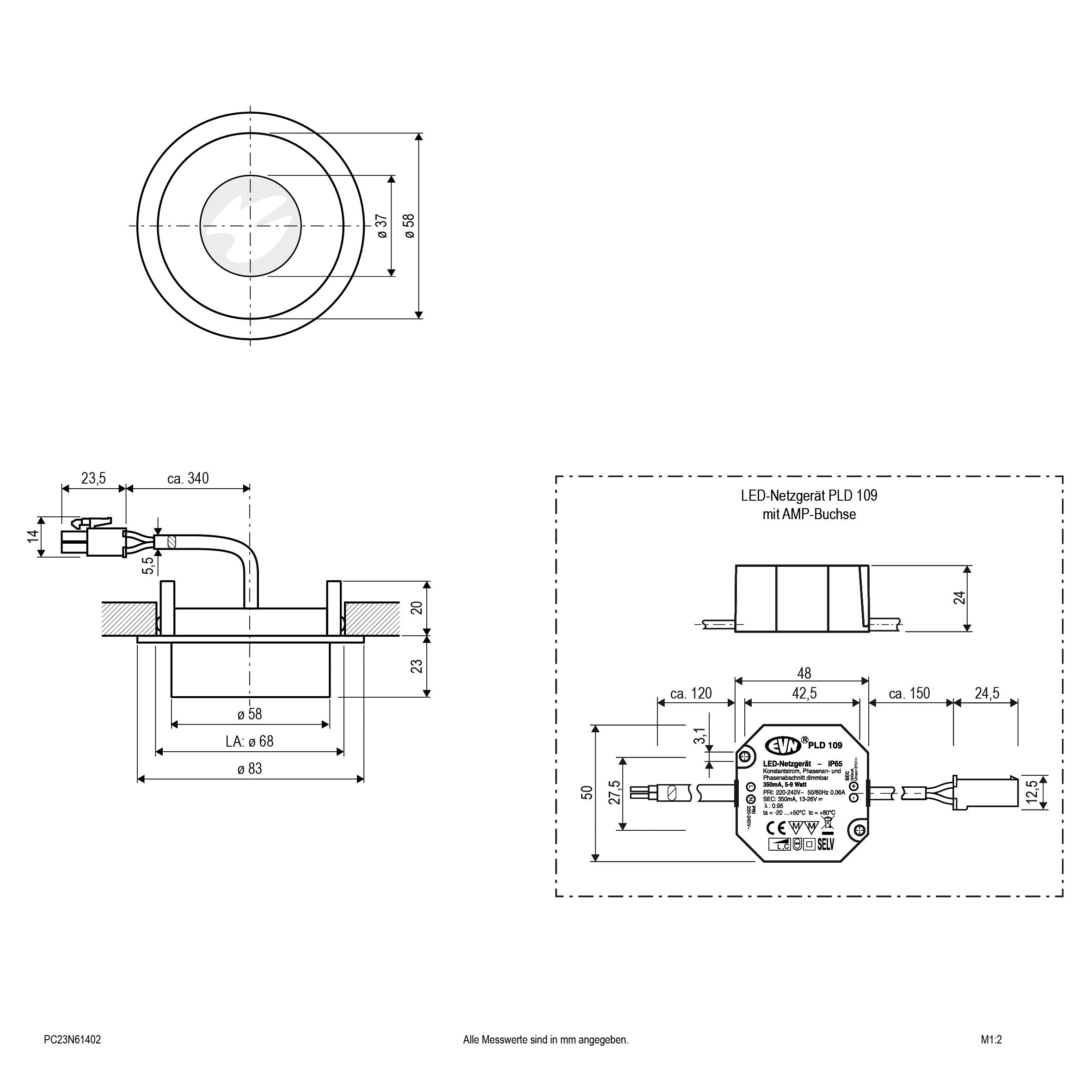 EVN Power-LED Leuchte inkl.Netzgerät Aluminium rund 83x43mm 6W 3000K 620lm 21-40° 220-240V IP20
