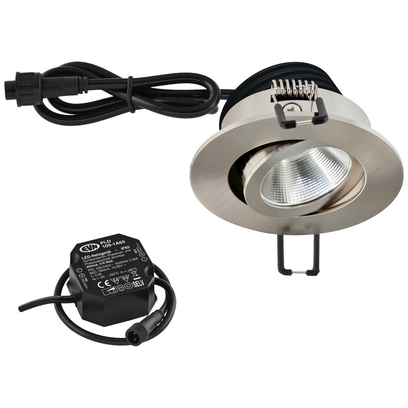 EVN Power-LED Leuchte inkl.Netzgerät Edelstahl Optik schwenkbar rund 83x48,5mm 8,4W 4000K 1060lm 21-40° 220-240V IP65