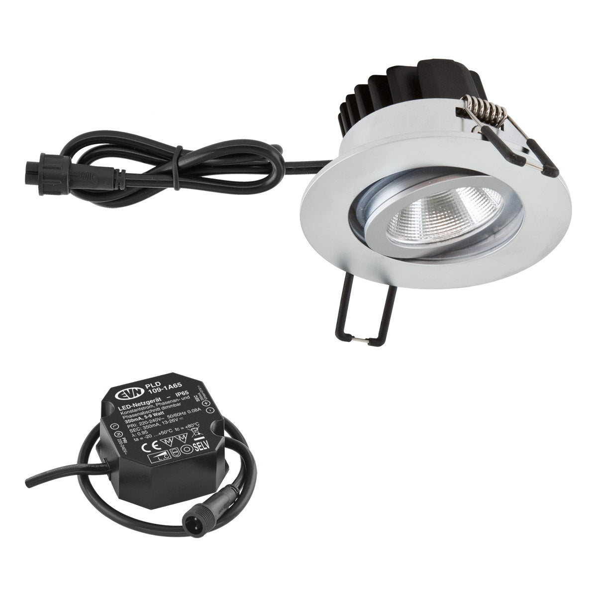 EVN Power-LED Leuchte inkl.Netzgerät Chrom matt schwenkbar rund 83x48,5mm 8,4W 3000K 1010lm 21-40° 220-240V IP65