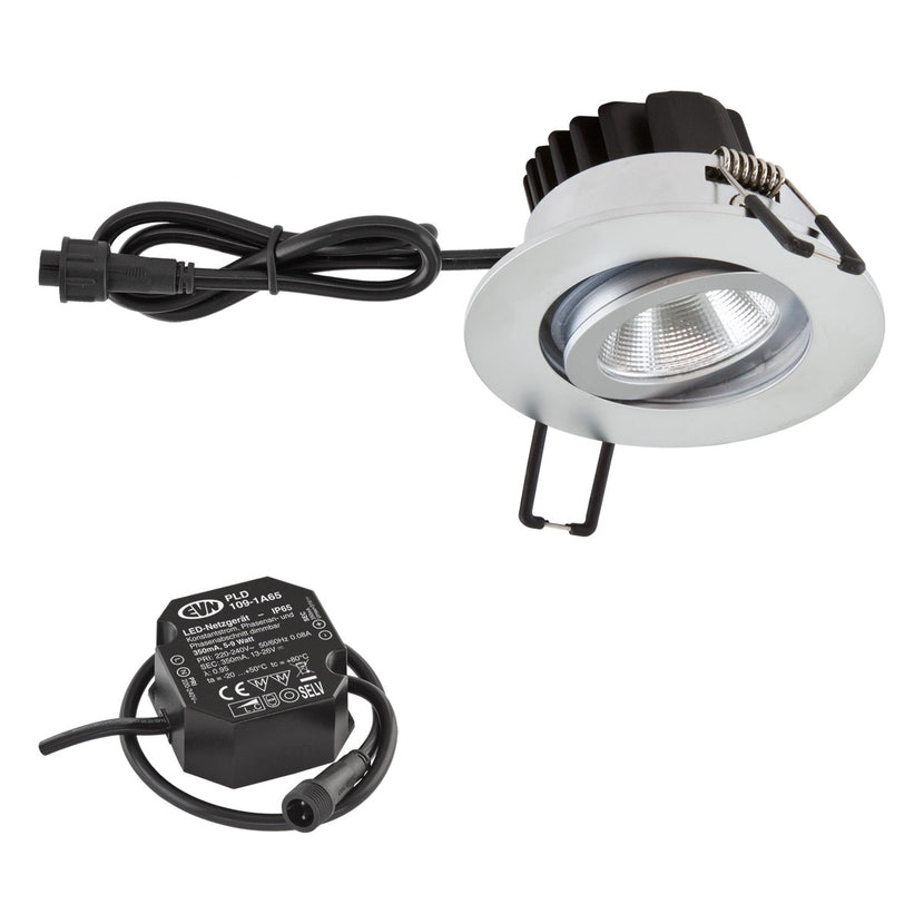 EVN Power-LED Leuchte inkl.Netzgerät Chrom matt schwenkbar rund 83x48,5mm 8,4W 3000K 1010lm 21-40° 220-240V IP65