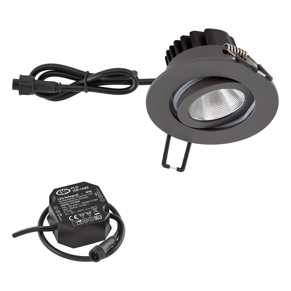 EVN Power-LED Leuchte inkl.Netzgerät anthrazit schwenkbar rund 83x48,5mm 8,4W 3000K 1010lm 21-40° 220-240V IP65