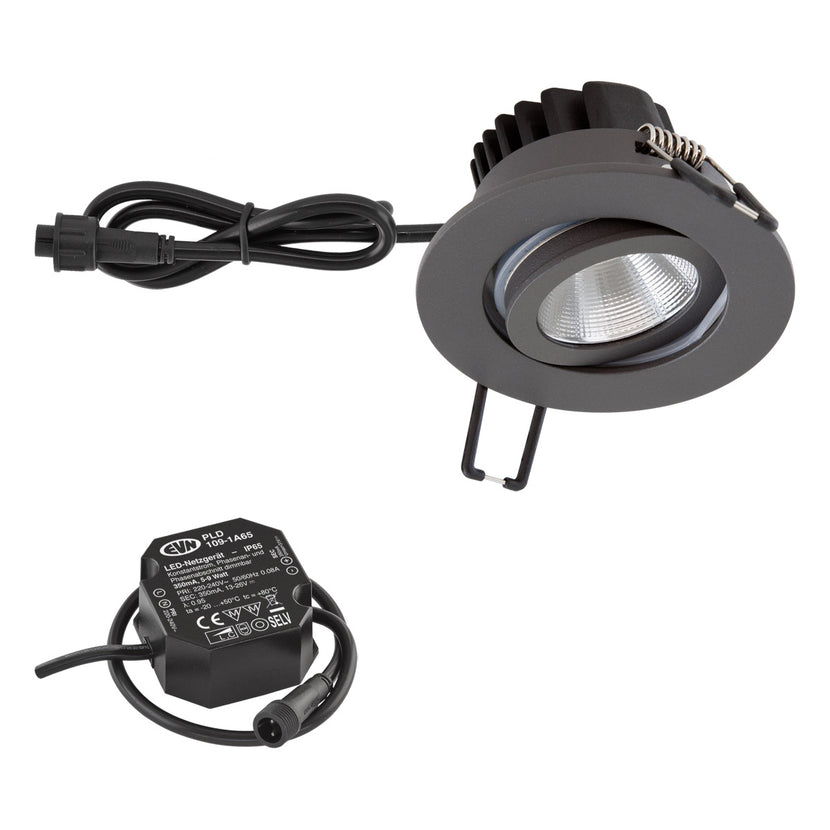 EVN Power-LED Leuchte inkl.Netzgerät anthrazit schwenkbar rund 83x48,5mm 8,4W 3000K 1010lm 21-40° 220-240V IP65