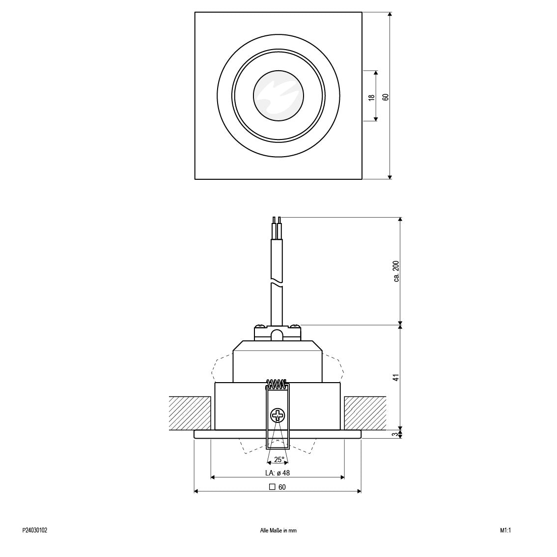 EVN Power-LED Leuchte weiß schwenkbar viereckig 60x60x44mm 3W 3000K 170lm 21-40° IP20