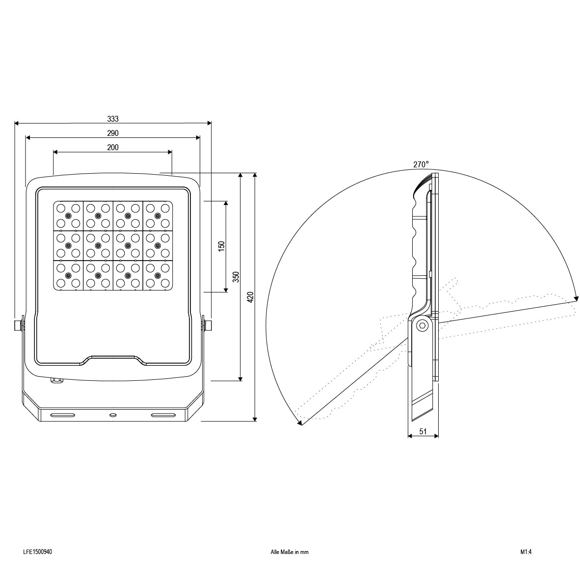 EVN LED Strahler schwarz schwenkbar rechteckig 333x51x420mm 150W 4000K 18750lm >80° 220-240V IP65