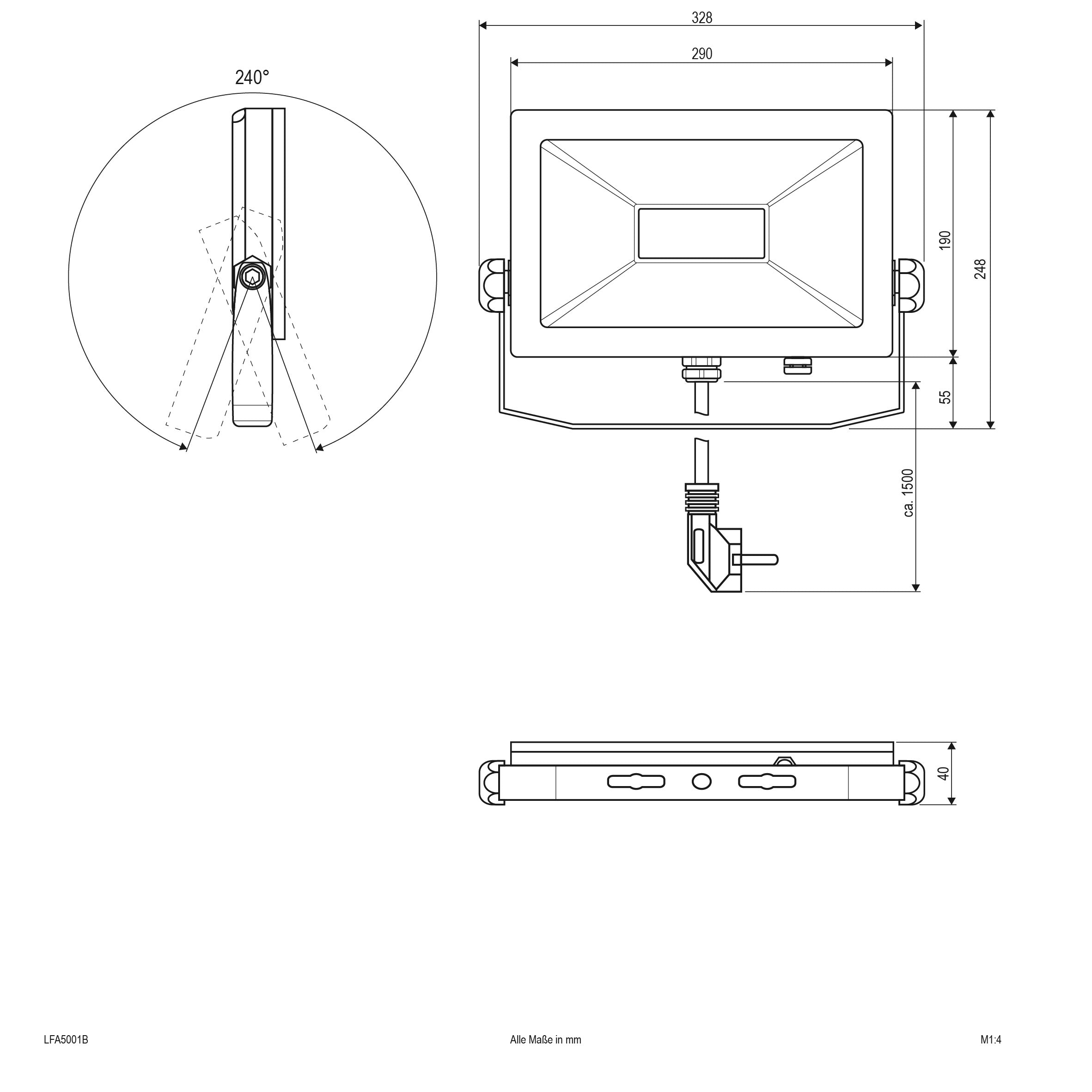 EVN LED Strahler schwarz schwenkbar rechteckig 326x40x248mm 50W 5700K 4318lm >80° 220-240V IP65