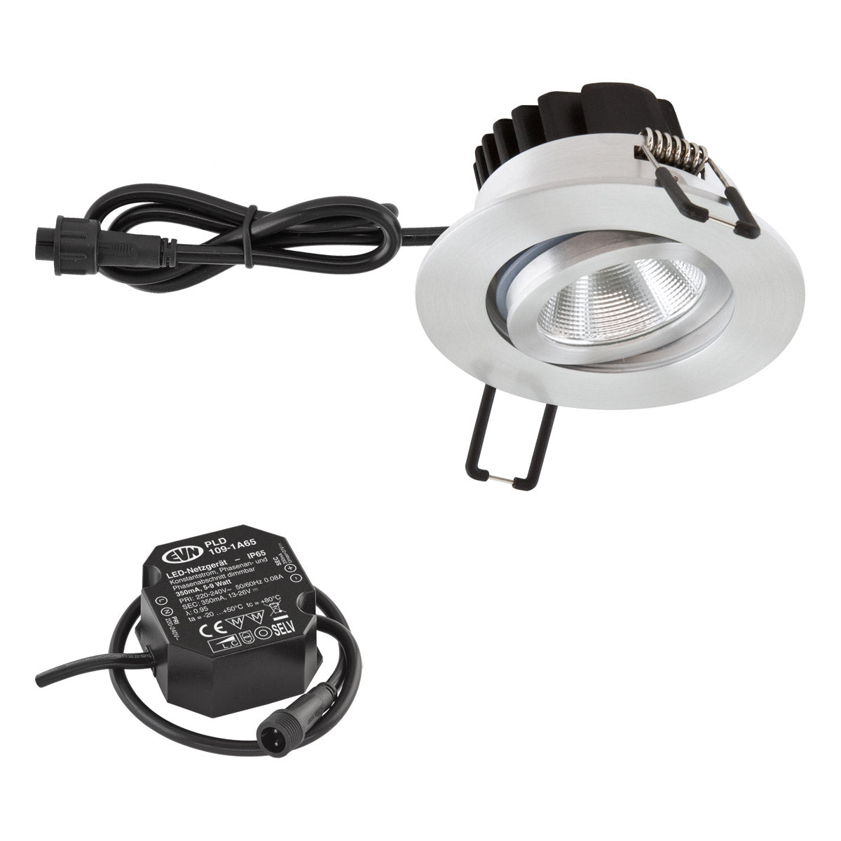 EVN Power-LED Leuchte inkl.Netzgerät Aluminium poliert schwenkbar rund 83x48,5mm 6W 3000K 620lm 21-40° 220-240V IP65