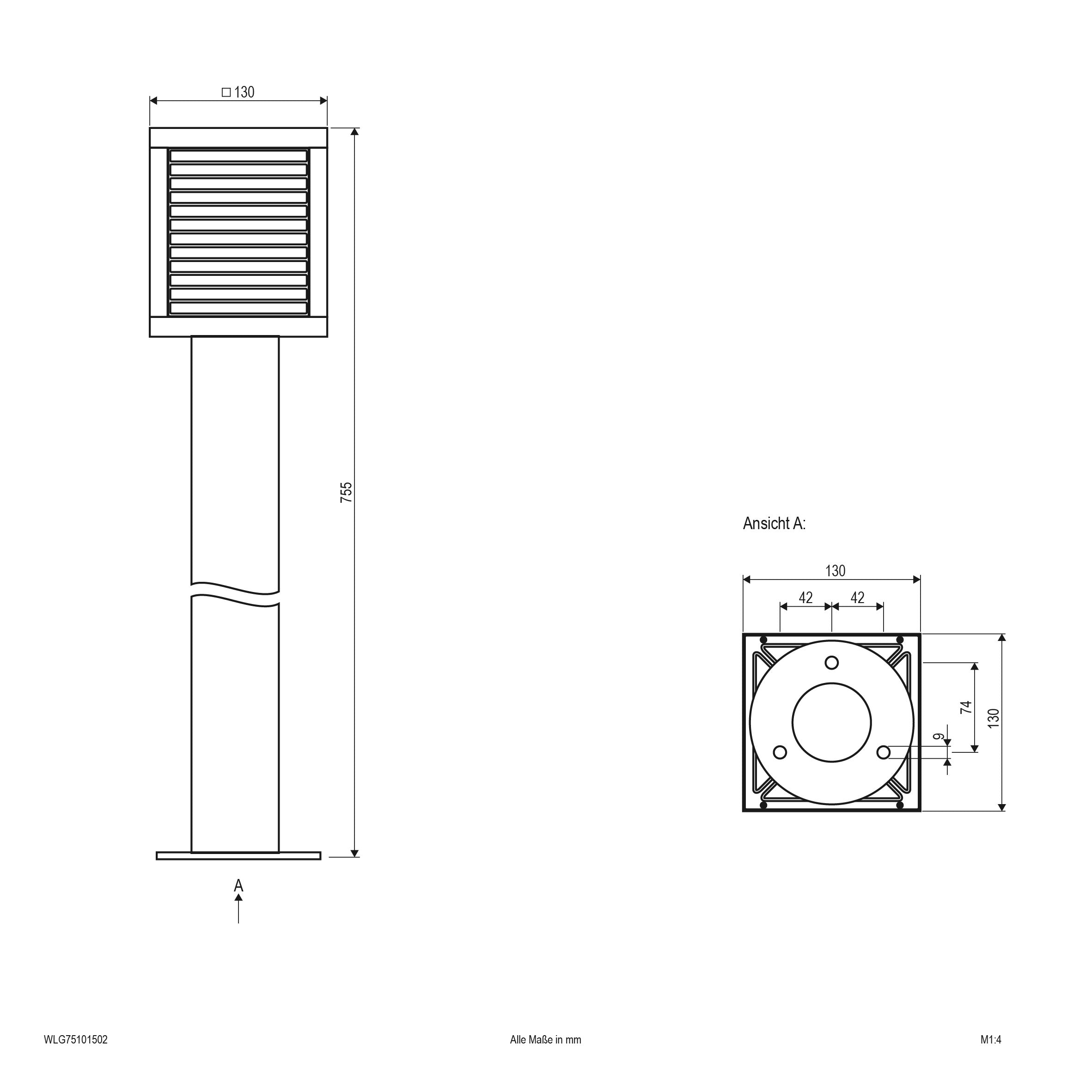 EVN LED Wegeleuchte anthrazit viereckig 130x130x755mm 10W 3000K 528lm 100-240V IP65