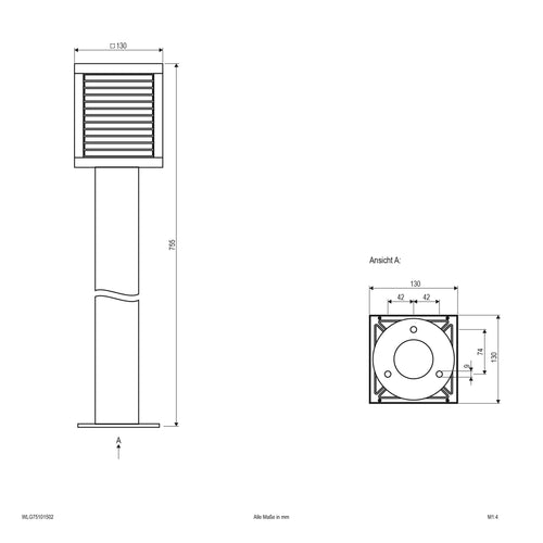 EVN LED Wegeleuchte anthrazit viereckig 130x130x755mm 10W 3000K 528lm 100-240V IP65