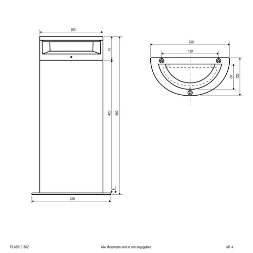 EVN LED Pollerleuchte anthrazit halbrund 250x120x500mm 10W 3000K 500lm >80° 200-240V IP65