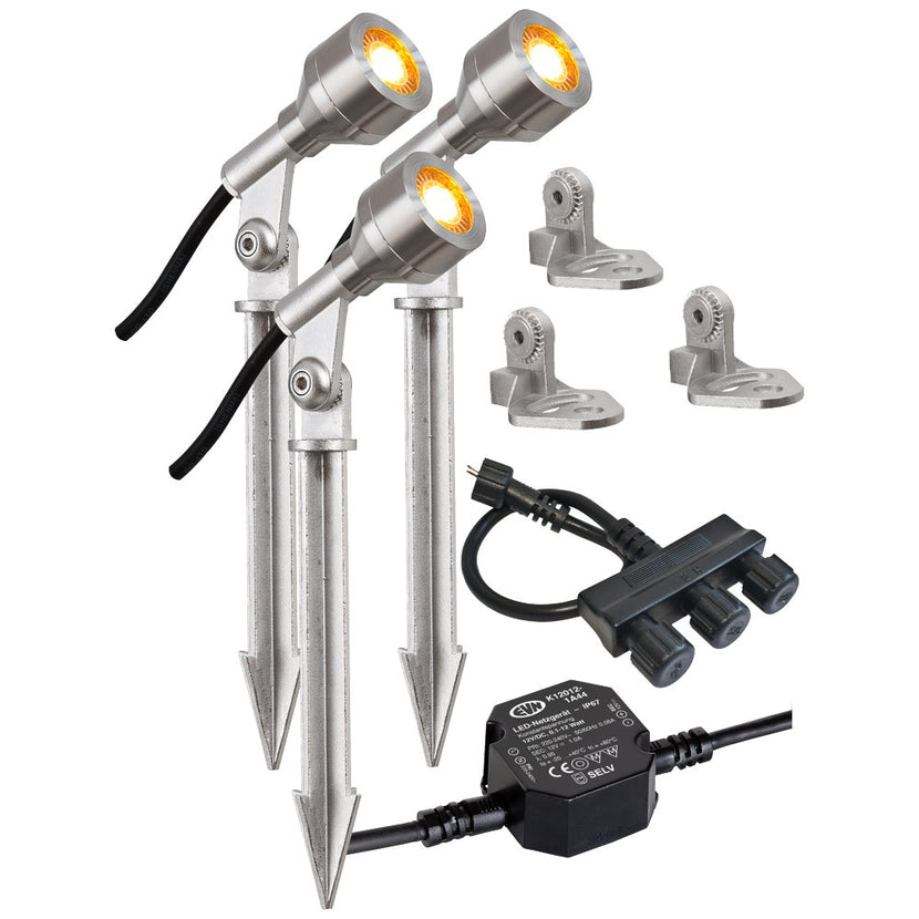 EVN LED Spot Edelstahl Optik schwenkbar rund 41mm 3,5W 3000K 220lm 21-40° 220-240V IP68 mit Erdspieß mit Montagefuß 3er Set