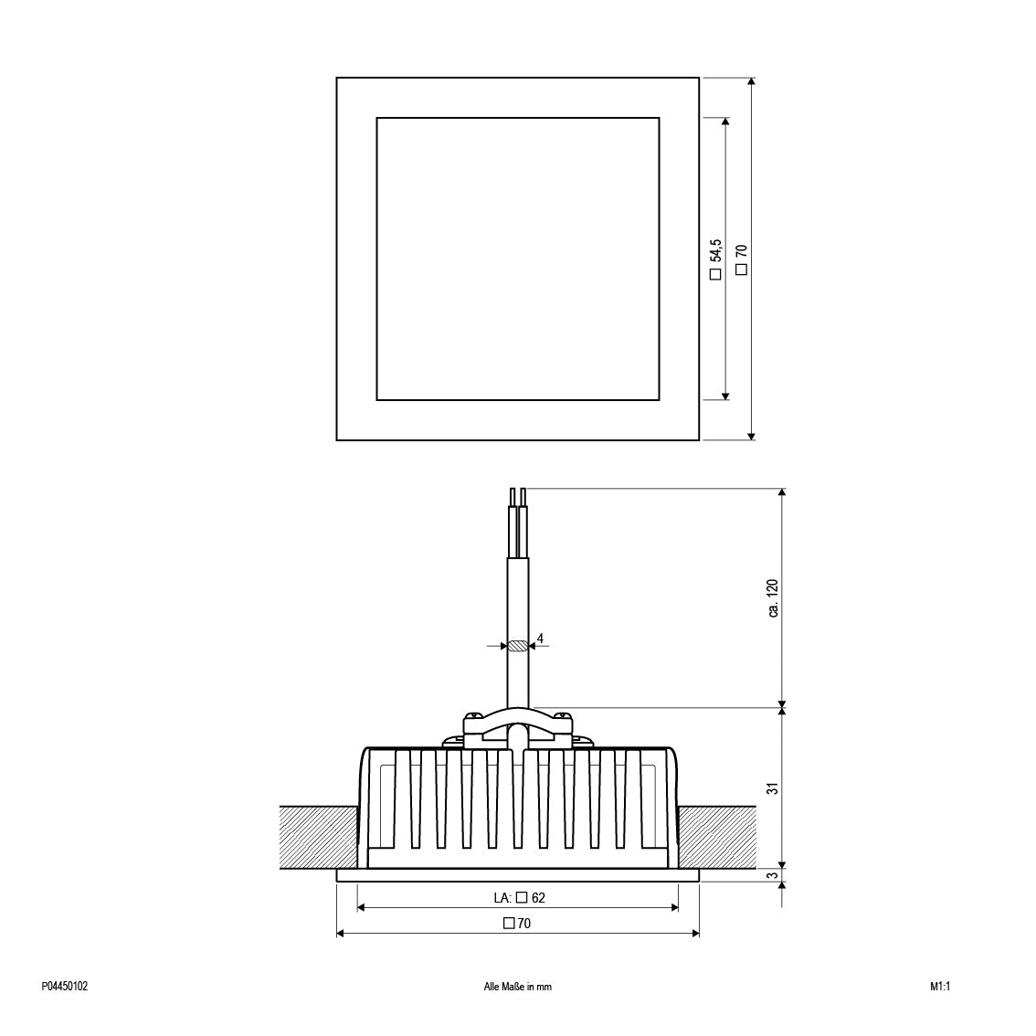 EVN LED Leuchte weiß viereckig 70x70x34mm 4,5W 3000K 360lm >80° IP20