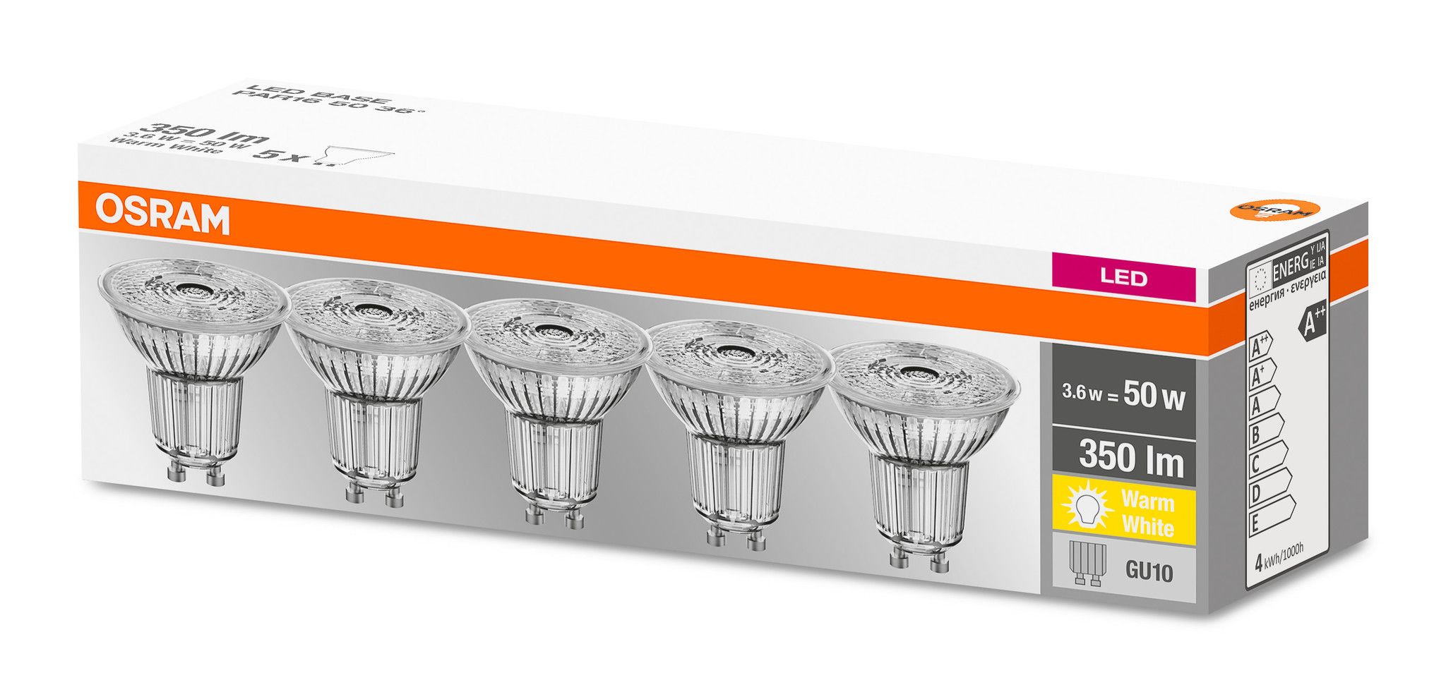 Osram LED Base PAR16 4,3-50W/827 GU10 36° 350lm warmweiß nicht dimmbar 5er Pack