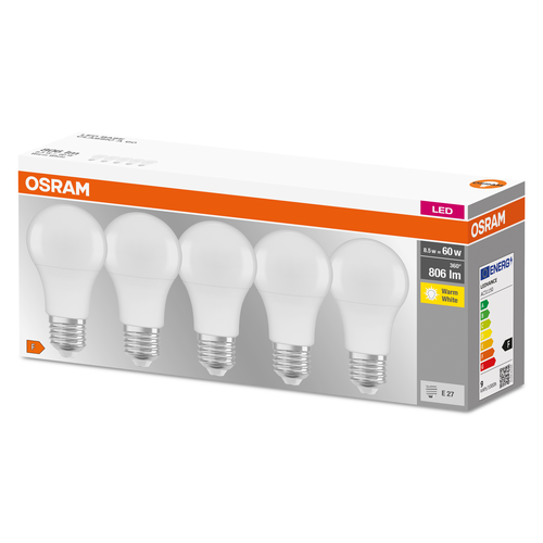 OSRAM LED Lampen Base CL A SMD 8,5-60W/827 E27 806lm matt nicht dimmbar 5er Pack