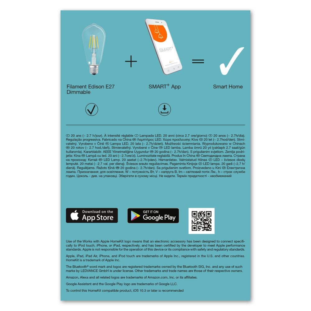 LEDVANCE LED Smart+ BT Apple HK CL A Filament 5,5-60 W/827 E27 650lm klar 320° dimmbar
