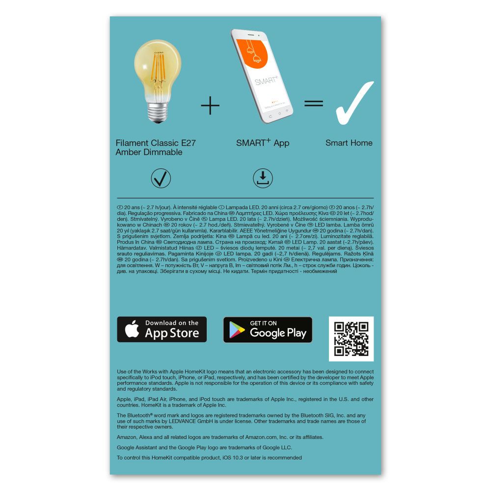 LEDVANCE LED Smart+ BT Apple HK CL A Filament 5,5-52 W/827 E27 600lm gold 320° dimmbar