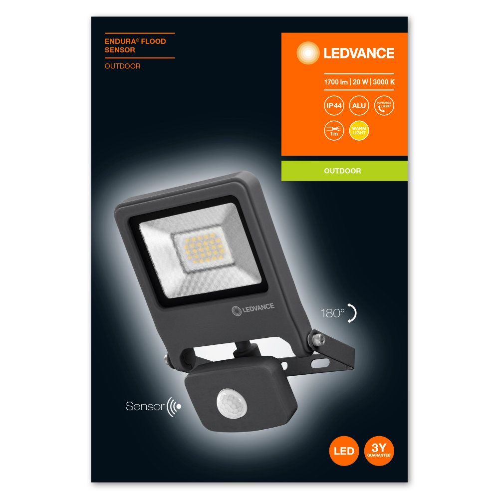 LEDVANCE LED Außenstrahler Endura Flood Sensor 20W/3000K IP44 1600lm dunkelgrau