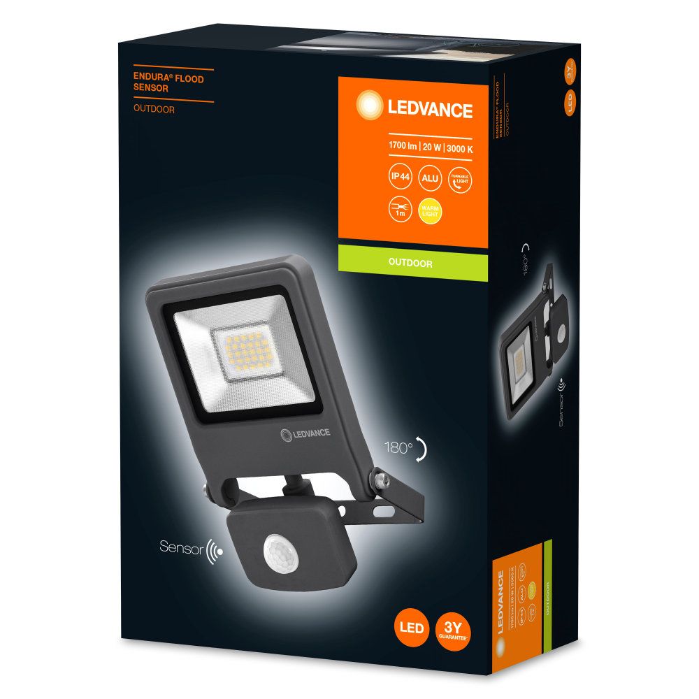LEDVANCE LED Außenstrahler Endura Flood Sensor 20W/3000K IP44 1600lm dunkelgrau