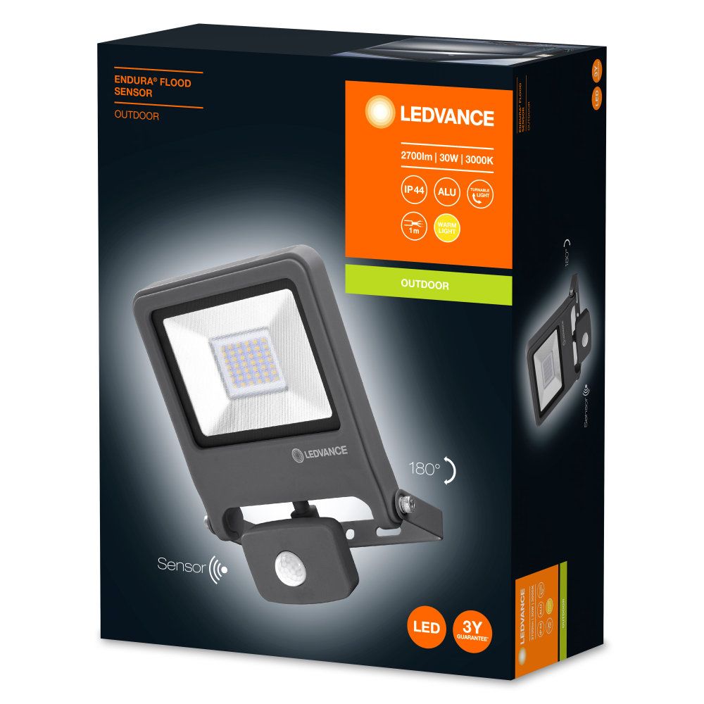 LEDVANCE LED Außenstrahler Endura Flood Sensor 30W/3000K IP44 2400lm dunkelgrau
