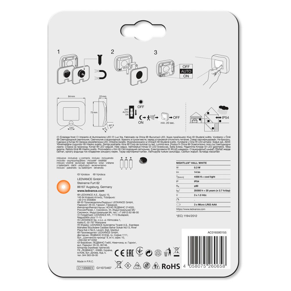 LEDVANCE LED Wandleuchte Nightlux Hall 0,28W/840 14lm kaltweiß nicht dimmbar weiß IP54