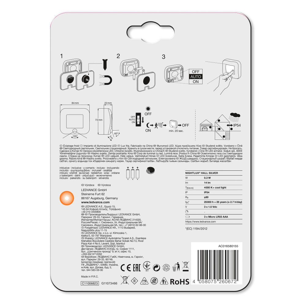LEDVANCE LED Wandleuchte Nightlux Hall 0,28W/840 14lm kaltweiß nicht dimmbar silber IP54