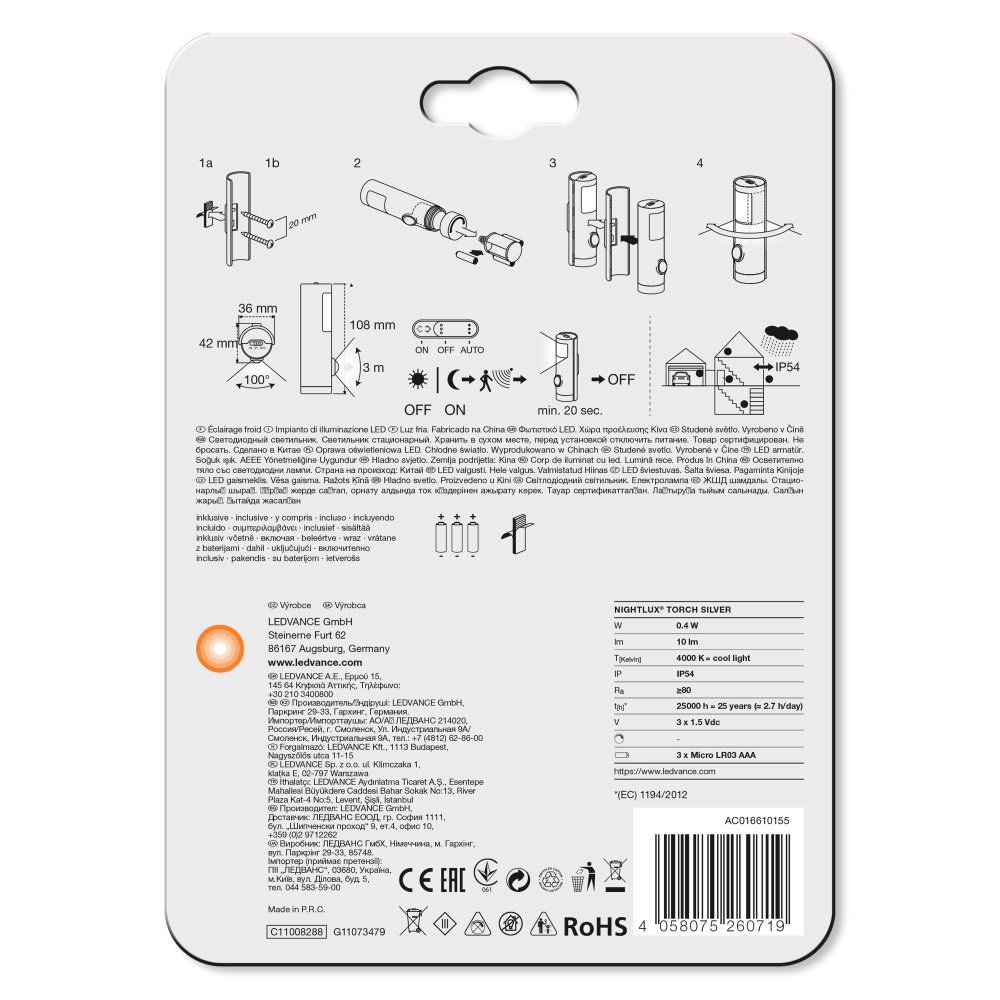 LEDVANCE LED Wandleuchte Nightlux Torch 0,6W/840 10lm kaltweiß nicht dimmbar silber IP54