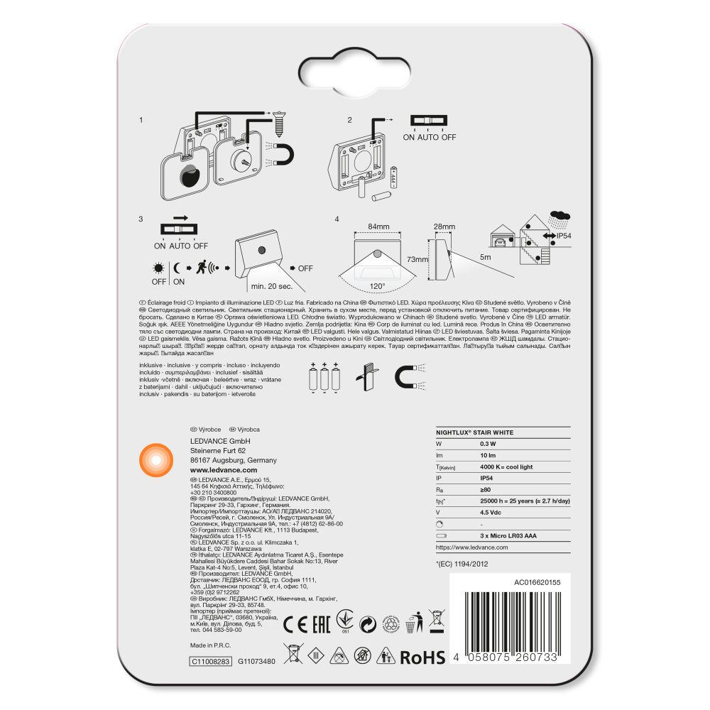 LEDVANCE LED Wandleuchte Nightlux Stair 0,35W/840 10lm kaltweiß nicht dimmbar weiß IP54
