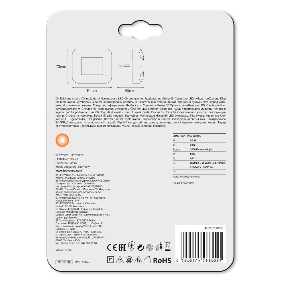 LEDVANCE LED Steckdosenleuchte Lunetta Hall 0,25W/830 3lm warmweiß nicht dimmbar weiß IP20