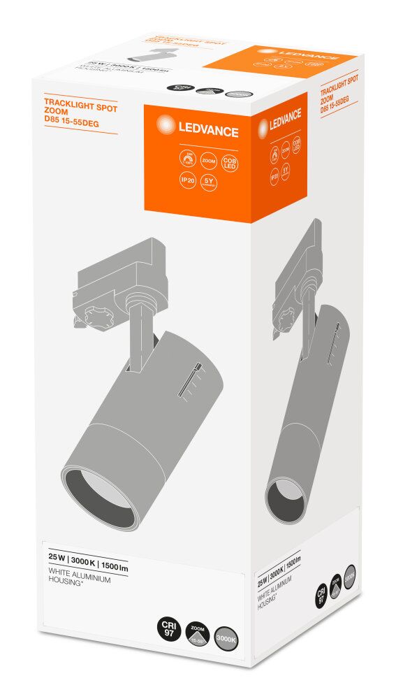 LEDVANCE LED Stromschienen-Strahler Tracklight Spot Zoom D85 25W/3000K 97R 15-55° dimmbar weiß
