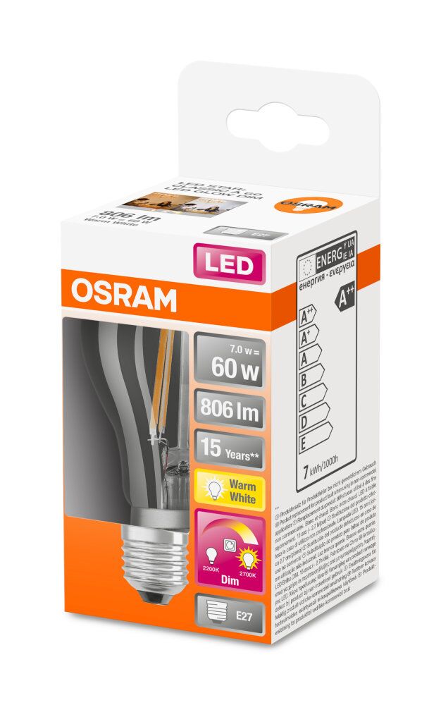 OSRAM LED Retrofit Classic A Filament GlowDim 7-40W/827 warmweiß E27 806lm - Blister