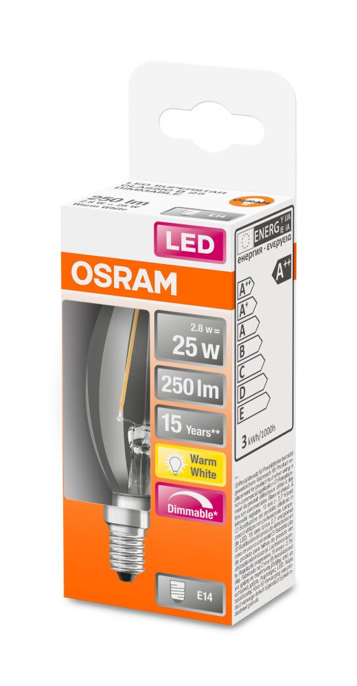 OSRAM LED Superstar Retrofit Classic B Filament 2,8-25W/827 warmweiß E14 250lm dimmbar