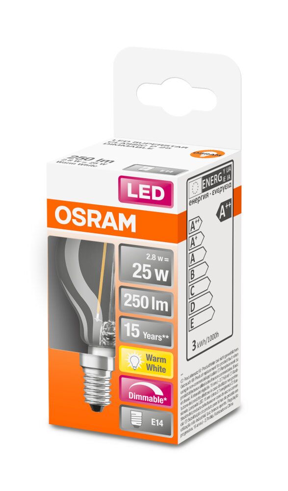 OSRAM LED Superstar Retrofit Classic P Filament 2,8-25W/827 warmweiß E14 250lm dimmbar