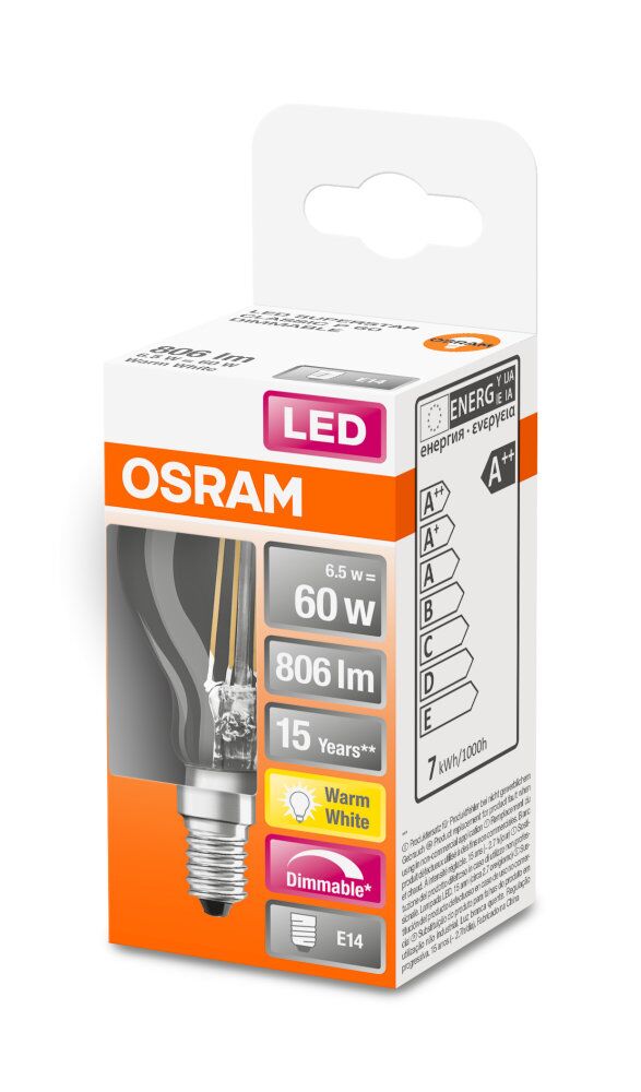 OSRAM LED Superstar Retrofit Classic P Filament 6,5-40W/827 warmweiß E14 806lm dimmbar