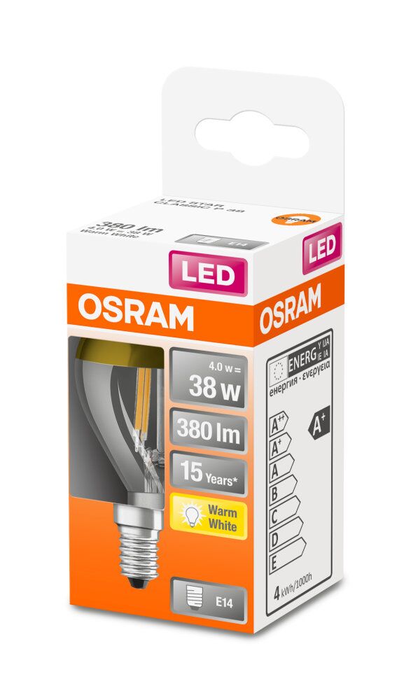 Osram / Ledvance LED Filament Tropfen P verspiegelt gold 300° 4-34W/827 warmweiß 380lm E14 220-240V