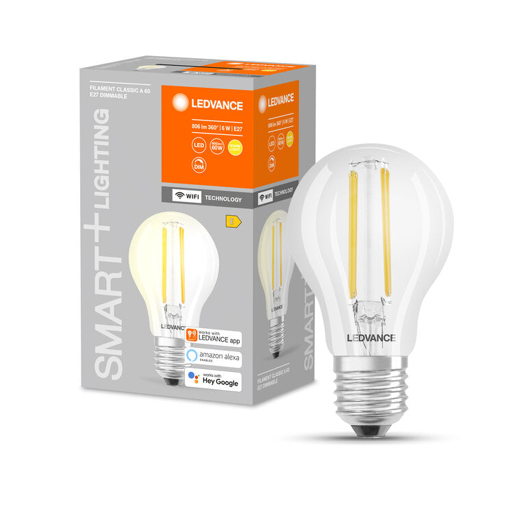 Osram / Ledvance LED Filament WIFI Smart+ Classic A klar 300° 6-60W/827 warmweiß 806lm E27 220-240V dimmbar
