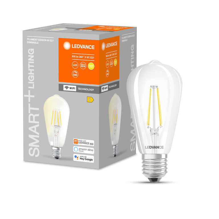 Osram / Ledvance LED Filament WIFI Smart+ Edison klar 300° 6-60W/827 warmweiß 806lm E27 220-240V dimmbar