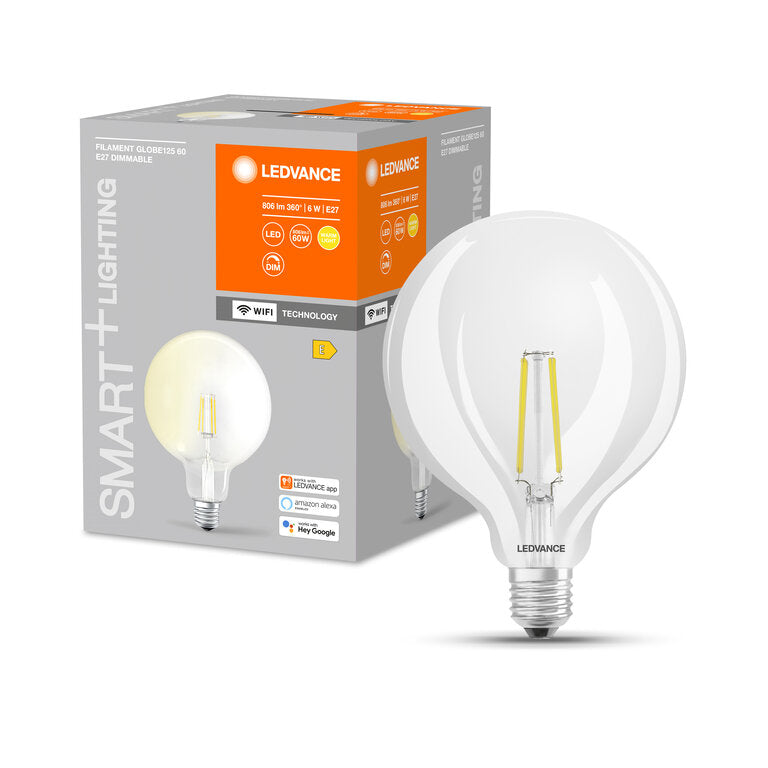 Osram / Ledvance LED Filament WIFI Smart+ Globe G125 klar 300° 6-60W/827 warmweiß 806lm E27 220-240V dimmbar