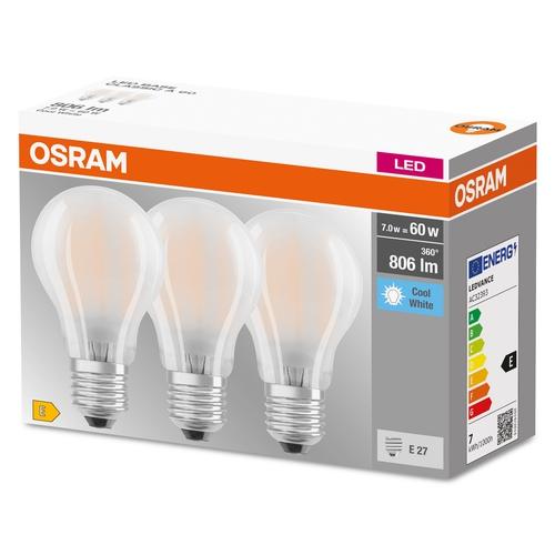 Osram LED Base Classic A Filament 6,5-60W/840 E27 806lm matt kaltweiß nicht dimmbar 3er Pack