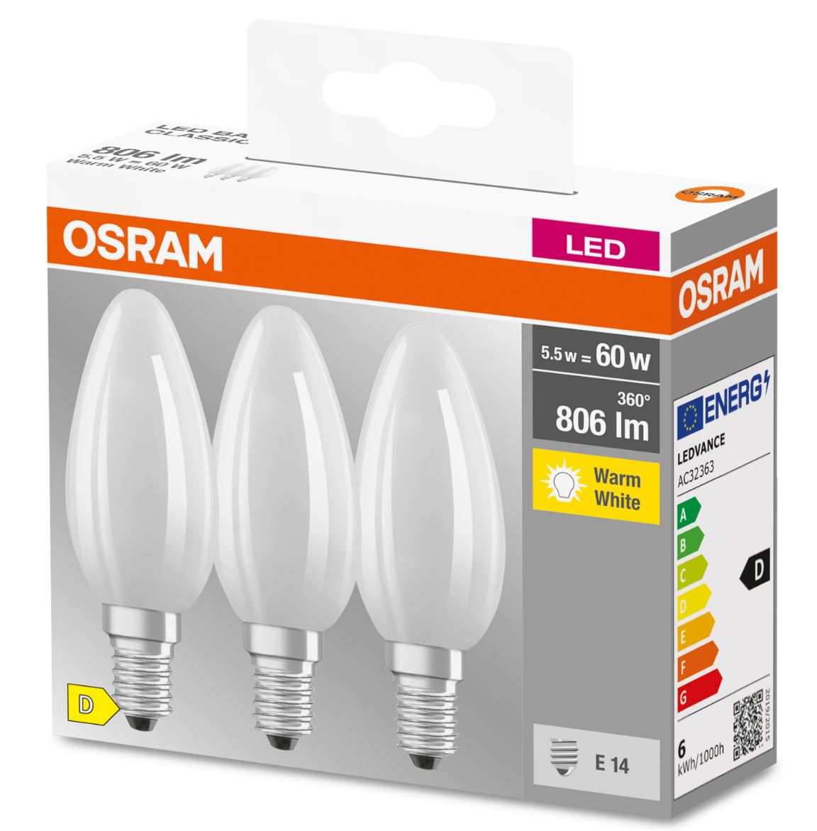 Osram LED Base Kerze B40 matt 300° 6-60W/827 warmweiß 806lm E14 220-240V 3er Pack