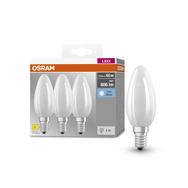 Osram / Ledvance LED Filament Base Kerze B matt 300° 5,9-60W/840 kaltweiß 806lm E14 220-240V 3er Pack