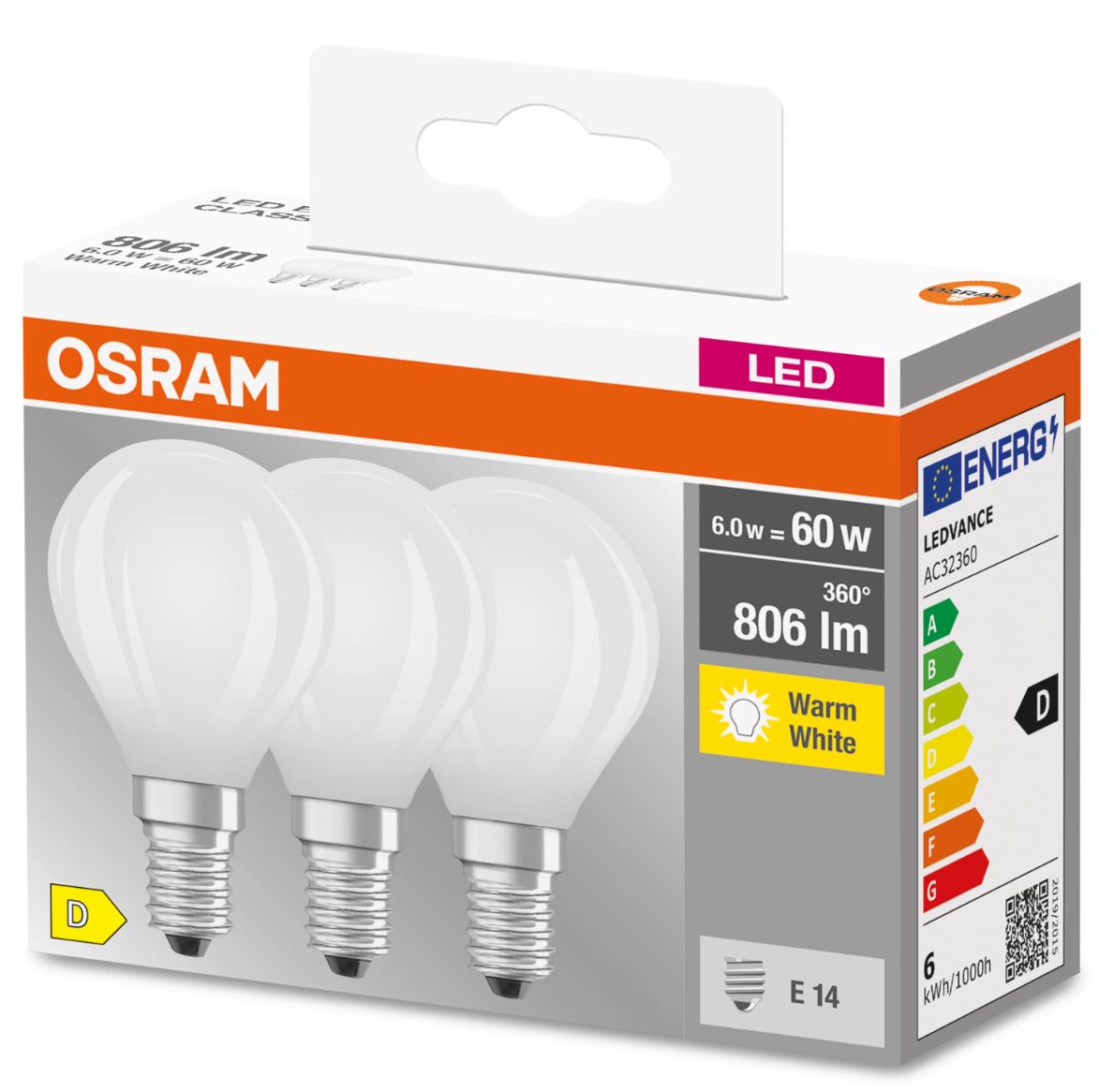 Osram LED Base Tropfen P matt 300° 6-60W/827 warmweiß 806lm E14 220-240V 3er Pack